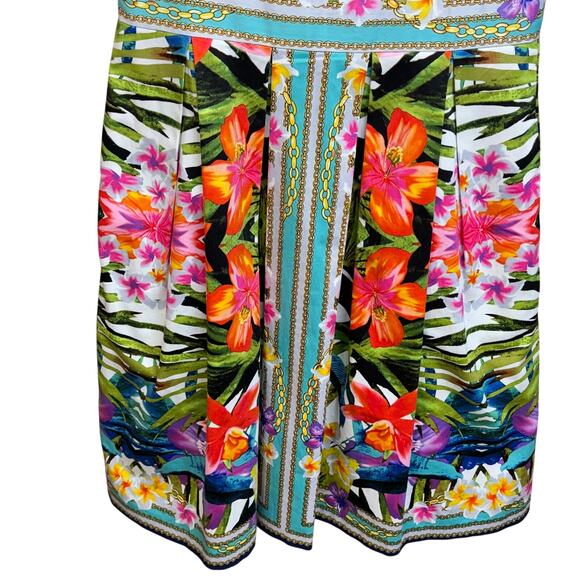 Maggy London Sleeveless Pleated A- Line Bright Floral Hawaiian Dress Women 8 - Picture 3 of 9